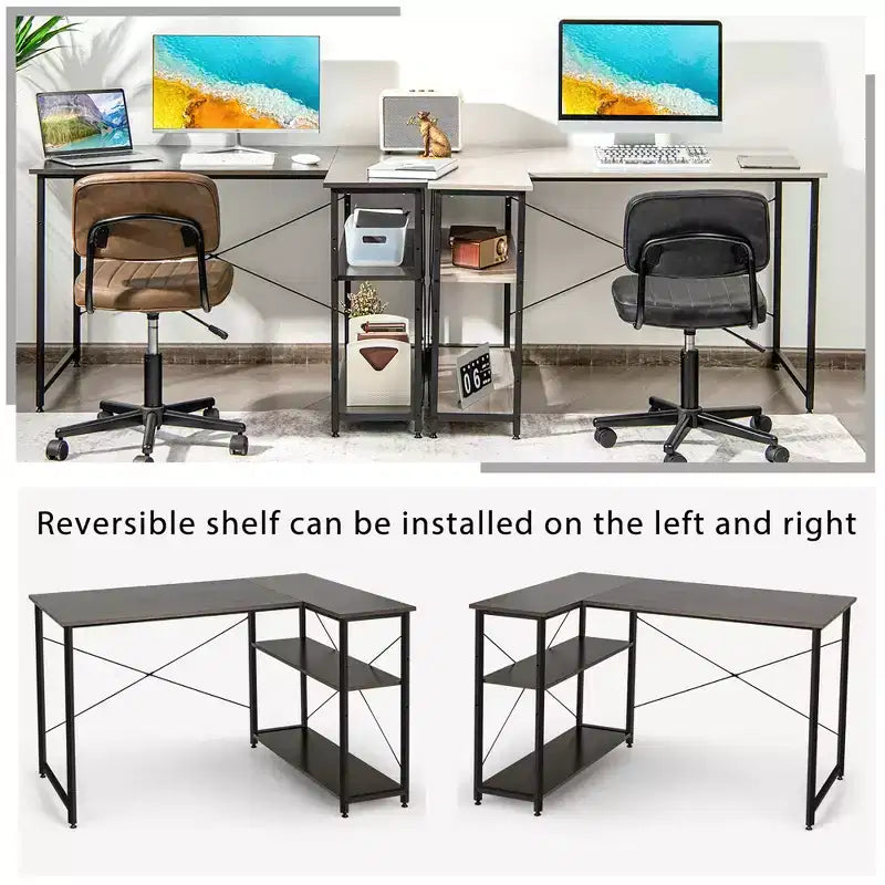 Costway 48'' Reversible L Shaped Computer Desk Home Office Table Adjustable Shelf Brown\Gray\Natural