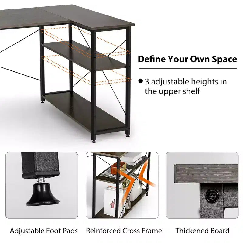 Costway 48'' Reversible L Shaped Computer Desk Home Office Table Adjustable Shelf Brown\Gray\Natural