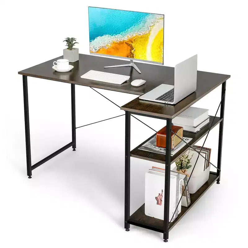 Costway 48'' Reversible L Shaped Computer Desk Home Office Table Adjustable Shelf Brown\Gray\Natural