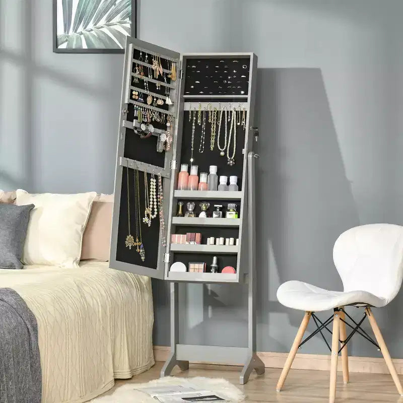HOMCOM Floor Standing Jewelry Cabinet, Lockable Jewelry Organizer with Full-Length Mirror, and 3 Adjustable Angles, Gray