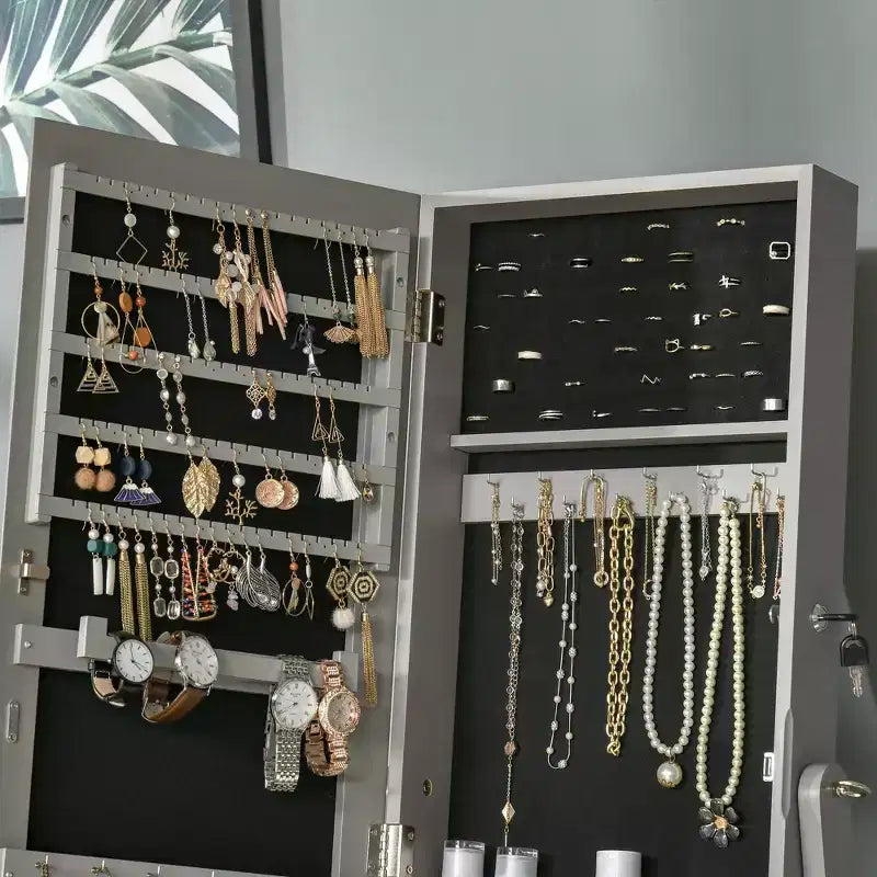 HOMCOM Floor Standing Jewelry Cabinet, Lockable Jewelry Organizer with Full-Length Mirror, and 3 Adjustable Angles, Gray