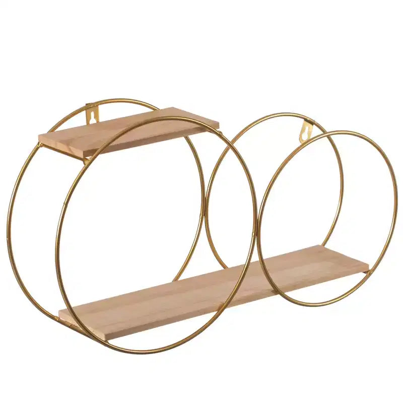 Fabulaxe Tiered Modern Decorative Round Accent Floating Shelf Circle Decor Display Wall Mounted Shelf with Metal Frame and Pine Wood Shelves, Gold