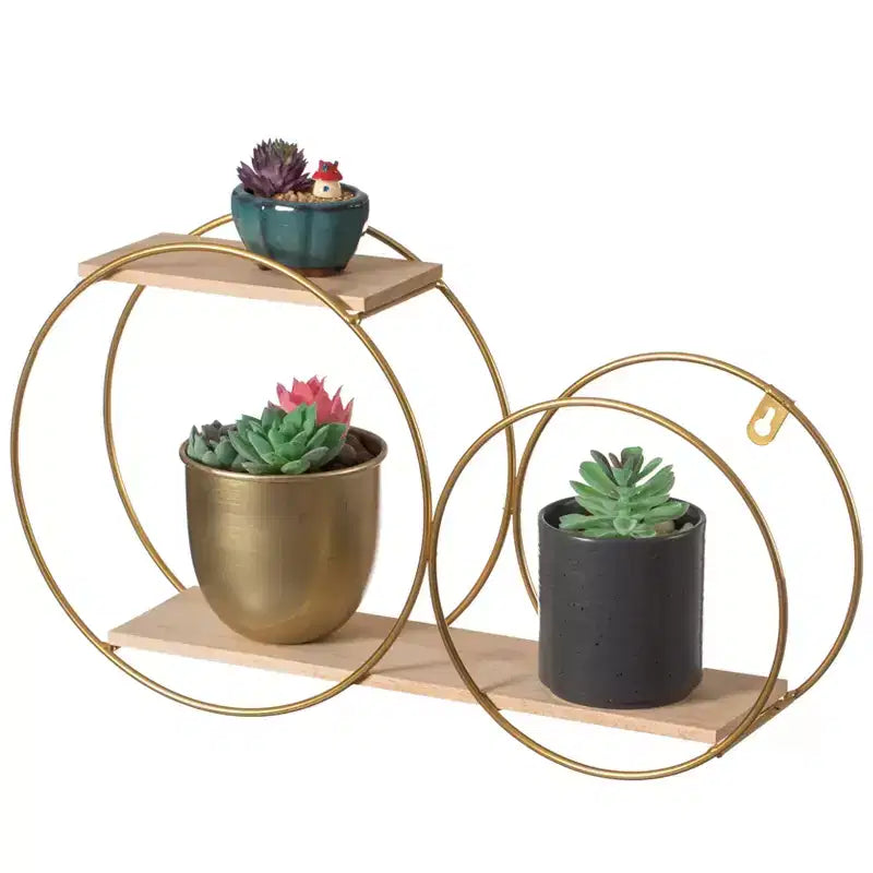 Fabulaxe Tiered Modern Decorative Round Accent Floating Shelf Circle Decor Display Wall Mounted Shelf with Metal Frame and Pine Wood Shelves, Gold