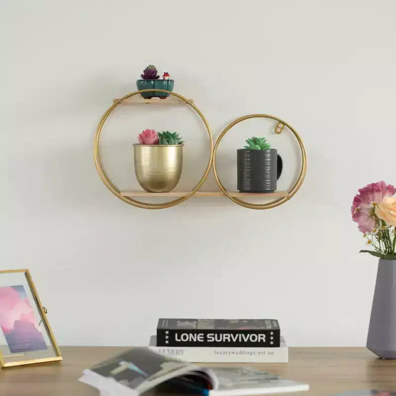 Fabulaxe Tiered Modern Decorative Round Accent Floating Shelf Circle Decor Display Wall Mounted Shelf with Metal Frame and Pine Wood Shelves, Gold