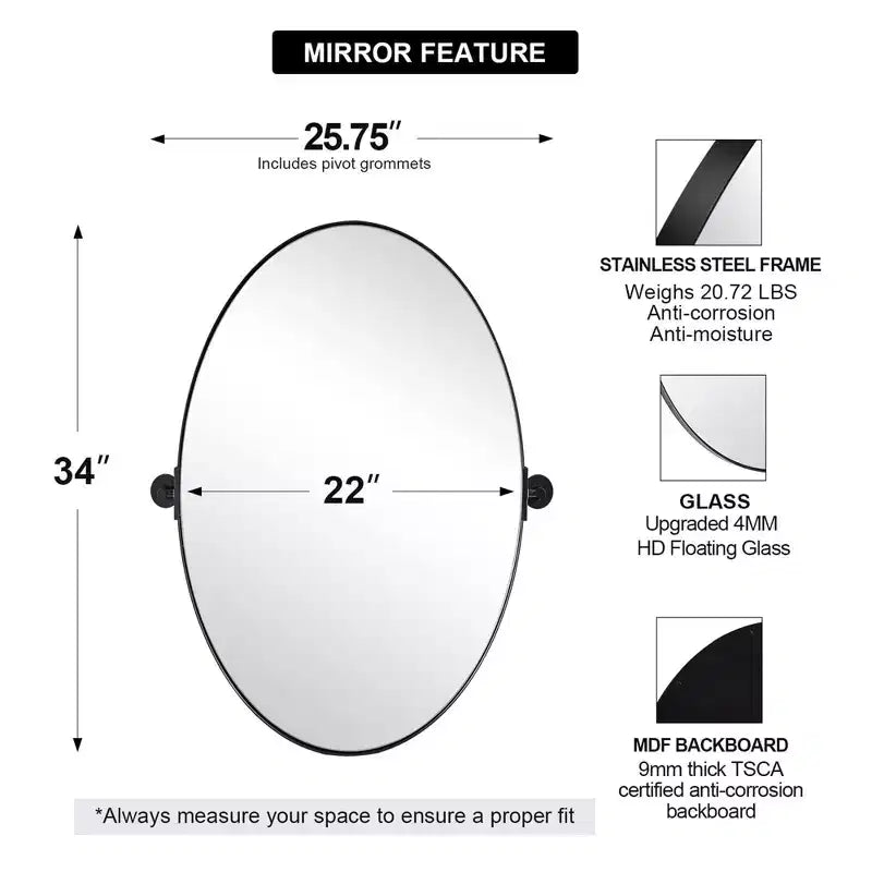 ANDY STAR Modern Decorative 22 x 34 Inch Oval Wall Mounted Hanging Bathroom Vanity Mirror with Stainless Steel Metal Frame, Matte Black