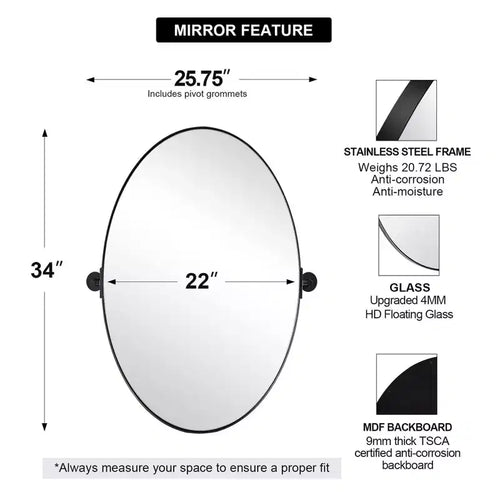 ANDY STAR Modern Decorative 22 x 34 Inch Oval Wall Mounted Hanging Bathroom Vanity Mirror with Stainless Steel Metal Frame, Matte Black