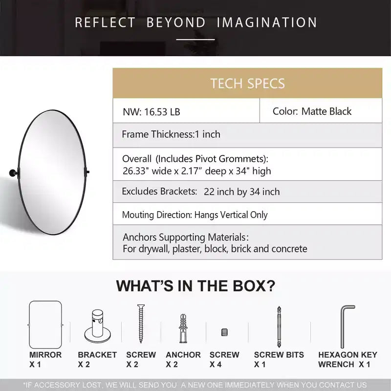 ANDY STAR Modern Decorative 22 x 34 Inch Oval Wall Mounted Hanging Bathroom Vanity Mirror with Stainless Steel Metal Frame, Matte Black