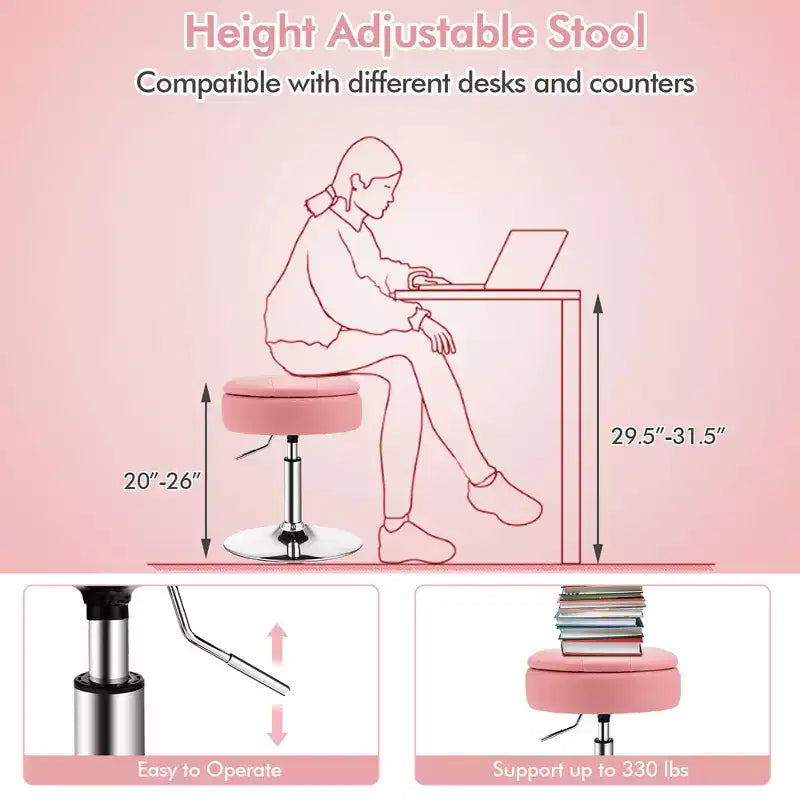 Costway Vanity Stool Adjustable360 Swivel Storage Makeup Chair w/ Removable Tray White\Black\Pink
